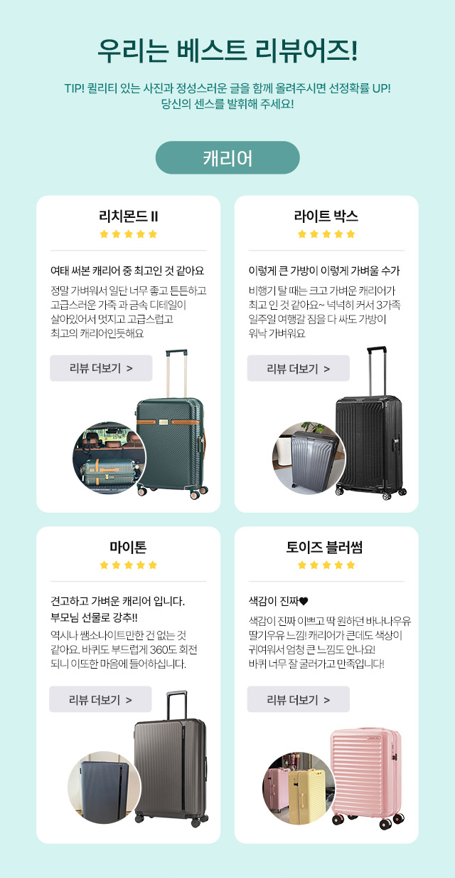 우리는 베스트 리뷰어즈! TIP! 퀄리티 있는 사진과 정성스러운 글을 함께 올려주시면 선정확률 UP! 당신의 센스를 발휘해 주세요! / 캐리어 / 리치몬드 Ⅱ 여태 써본 캐리어 중 최고인 것 같아요 정말 가벼워서 일단 너무 좋고 튼튼하고 고급스러운 가죽과 금속 디테일이 살아있어서 멋지고 고급스럽고 최고의 캐리어인듯해요 / 라이트 박스 이렇게 큰 가방이 이렇게 가벼울 수가 비행기 탈 때는 크고 가벼운 캐리어가 최고인 것 같아요~ 넉넉히 커서 3가족 일주일 여행갈 짐을 다 싸도 가방이 워낙 가벼워요 / 마이톤 견고하고 가벼운 캐리어입니다. 부모님 선물로 강추! 역시나 쌤소나이트만한 건 없는 것 같아요. 바퀴도 부드럽게 360도 회전하니 이또한 마음에 들어하십니다. / 토이즈 블러썸 색감이 진짜♥ 색감이 진짜 이쁘고 딱 원하던 바나나우유 딸기우유 느낌! 캐리어가 큰데도 색상이 귀여워서 엄청 큰 느낌도 안나요! 바퀴 너무 잘 굴러가고 만족입니다!