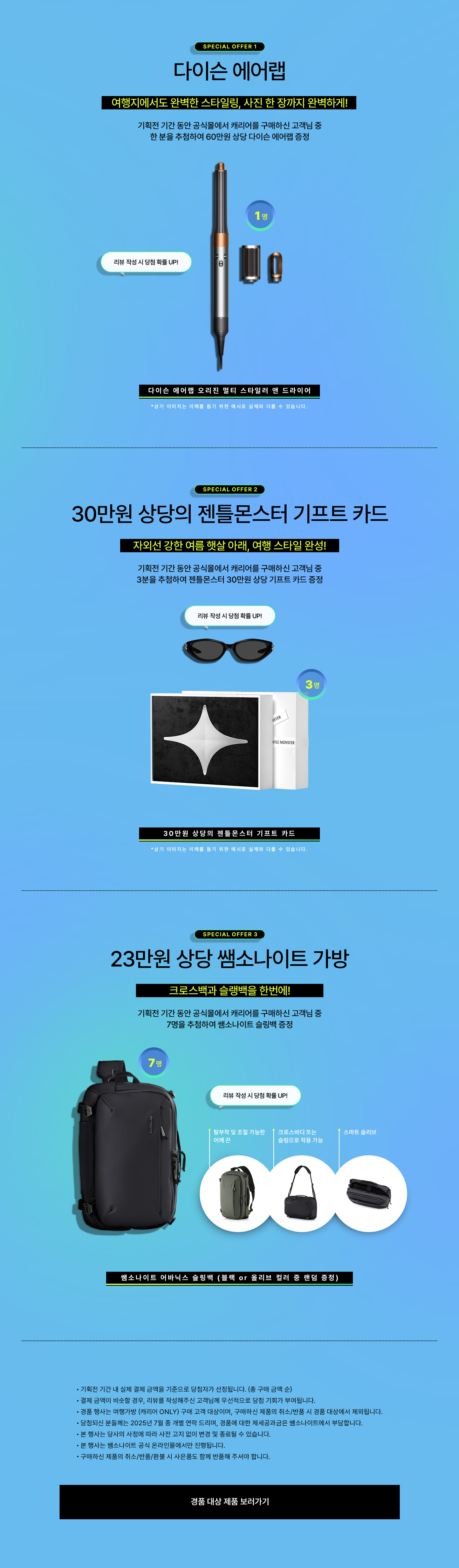 SPECIAL OFFER 1. 다이슨 에어랩(다이슨 에어랩 오리진 멀티 스타일러 앤 드라이어). 여행지에서도 완벽한 스타일링, 사진 한 장까지 완벽하게! 기획전 기간 동안 공식몰에서 캐리어를 구매하신 고객님 중 한 분을 추첨하여 60만원 상당 다이슨 에어랩 증정. SPECIAL OFFER 2. 30만원 상당의 젠틀몬스터 기프트 카드. 자외선 강한 여름 햇살 아래, 여행 스타일 완성! 기획전 기간 동안 공식몰에서 캐리어를 구매하신 고객님 중 3분을 추첨하여 젠틀몬스터 30만원 상당 기프트 카드 증정. SPECIAL OFFER 3. 23만원 상당 쌤소나이트 어바닉스 슬링백(블랙 or 올리브 컬러 중 랜덤 증정). * 공지사항 - 기획전 기간 내 실제 결제 금액을 기준으로 당첨자가 선정됩니다. (총 구매 금액 순) - 결제 금액이 비슷할 경우, 리뷰를 작성해주신 고객님께 우선적으로 당첨 기회가 부여됩니다. - 경품 행사는 여행가방 (캐리어 ONLY) 구매 고객 대상이며, 구매하신 제품의 취소/반품 시 경품 대상에서 제외됩니다. - 당첨되신 분들께는 2025년 7월 중 개별 연락 드리며, 경품에 대한 제세공과금은 쌤소나이트에서 부담합니다. - 본 행사는 당사의 사정에 따라 사전 고지 없이 변경 및 종료될 수 있습니다. - 본 행사는 쌤소나이트 공식 온라인몰에서만 진행됩니다. - 구매하신 제품의 취소/반품/환불 시 사은품도 함께 반품해 주셔야 합니다.