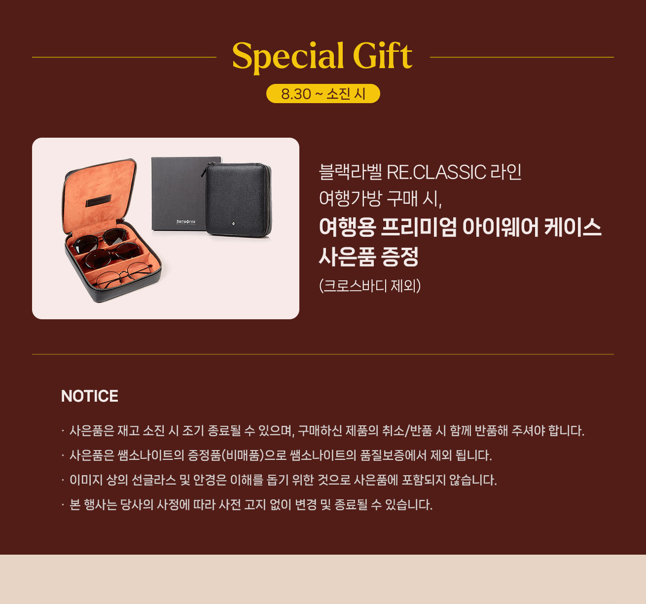 Special Gift 8월 30일부터 소진시까지 블랙라벨 RE.CLASSIC 라인여행가방 구매 시,여행용 프리미엄 아이웨어 케이스사은품 증정(크로스바디 제외)